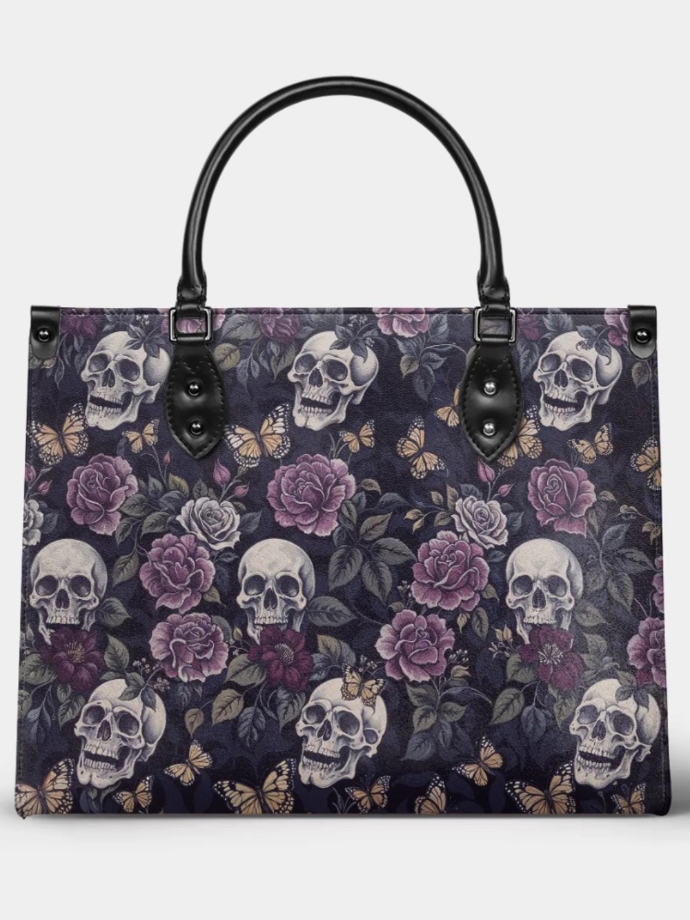 Gothic Skull & Rose Purple Tote Bag with Black Handles - Picture 2 of 9